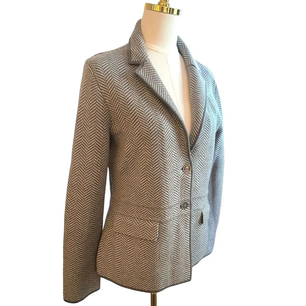 Talbots 100% Merino Wool Herringbone Knit Blazer Jacket Medium Grey Soft NWOT M